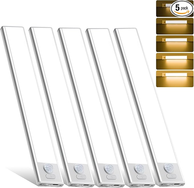 5 Pack Dimmable Under Cabinet Lighting, 32 LED Rechargeable Battery Motion Sensor Light Indoor, Stick On Magnetic Closet Lights, Under Counter Lights for Kitchen, Stairs, Warm Light 8 in