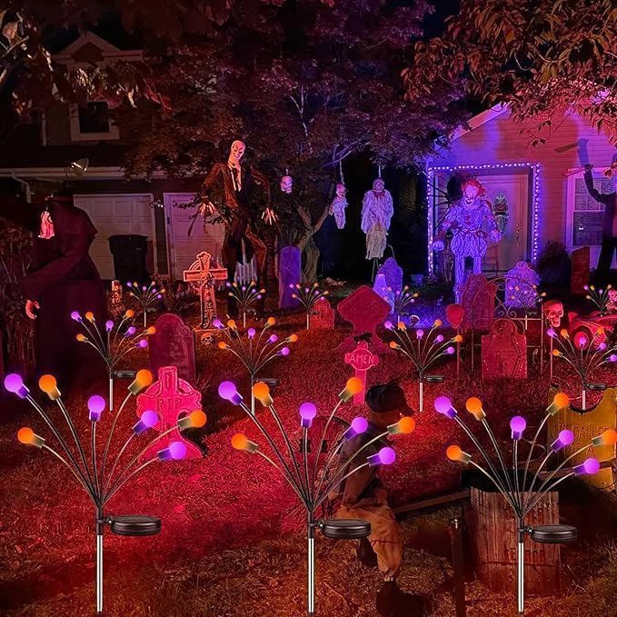 OZS 6 Pack Solar Halloween Lights Outdoor, 48 LED Purple Orange Firefly | Waterproof IP65, Swaying Effect, 2 Modes, for Garden Pathway Patio Yard Lawn Decor, Halloween Decorations