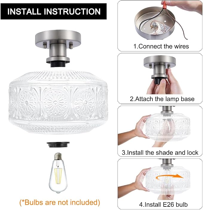 DSMJFU Semi Flush Mount Ceiling Light, Vintage Small Ceiling Light Fixture, Thickened Glass Hallway Light Fixture, Brushed Nickel Kitchen Ceiling Mount Lamp for Entry Way, Bedroom, Bathroom