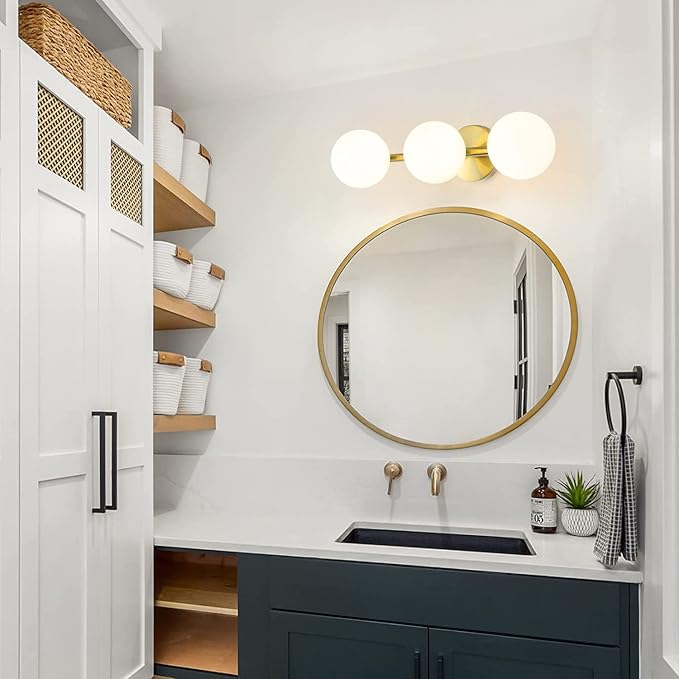 Bathroom Vanity Lights, 3-Light Bathroom Light Fixtures Gold Bathroom Lights, Mid Century Modern Brass Gold Vanity Light Dimmable Wall Sconce Wall Mount Light Fixture with Milk Glass, G9 Base