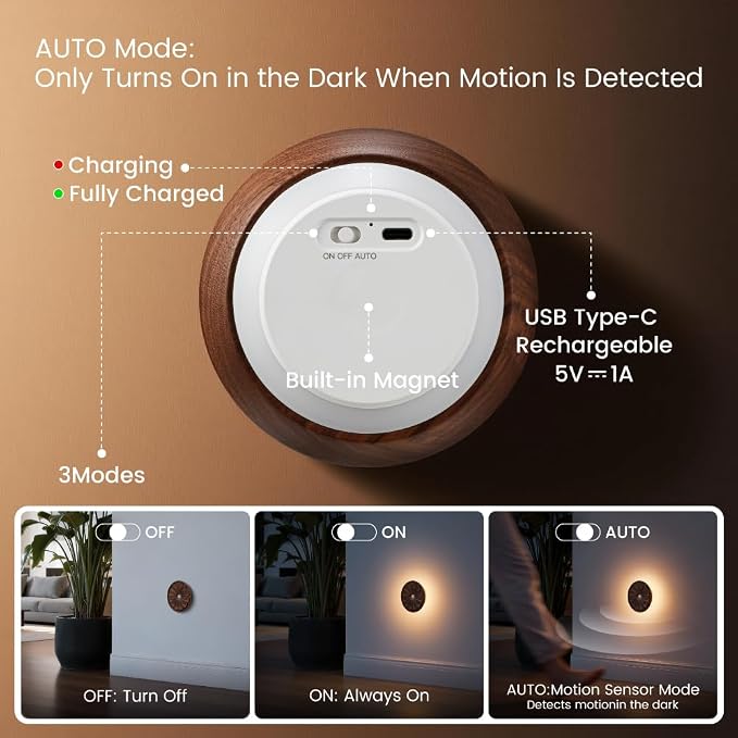 Wood Flower Night Light, Rechargeable Motion Sensor Light | 3D Flower Surface, USB-C Rechargeable, Backlit Warm Light, Magnetic Light for Stair, Home Decor Lighting, Black Walnut