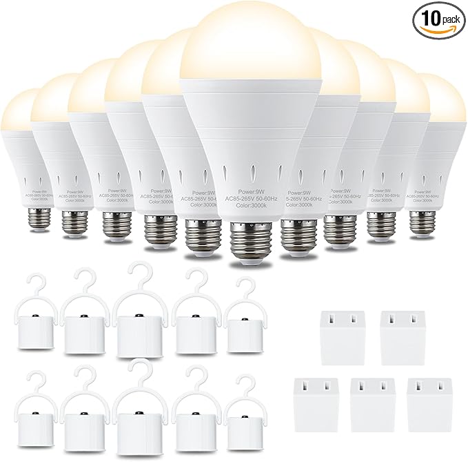 10 Pack Rechargeable Emergency Light Bulbs, Battery Powered LED Light Bulb 3000K Warm E26 120 Volt 9W 60W Equivalent with 1200mAh for Home Power Outage Camping Hurricane