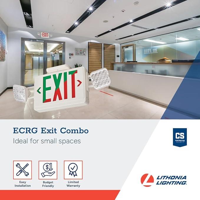Lithonia Lighting Basics LED Exit Sign/Emergency Light Combo, Red/Green Switchable Exit Sign and Emergency Lights for Business, 2-Head Fixture, Square Lights, Remote Capacity, White (ECRG HO SQ M6)