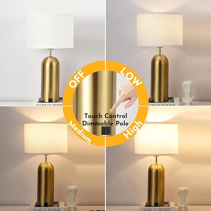 Gold Lamps Set of 2 Touch Control 3-Way Dimmable Bedside Nightstand Lamps Bedroom Lamps Modern White& Gold Table Lamp with USB Type C Ports Tall Lamps for Living Room End Table Home Office