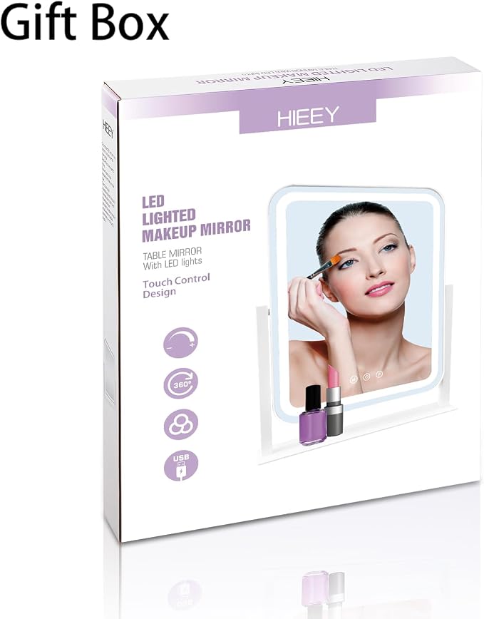 HIEEY Vanity Mirror with Lights, 14.1" x 12" Makeup Mirror with Lights, Three Color Lighting Modes, and 5X Magnification Mirror, Smart Touch Control, 360°Rotation (White,Gift Box)