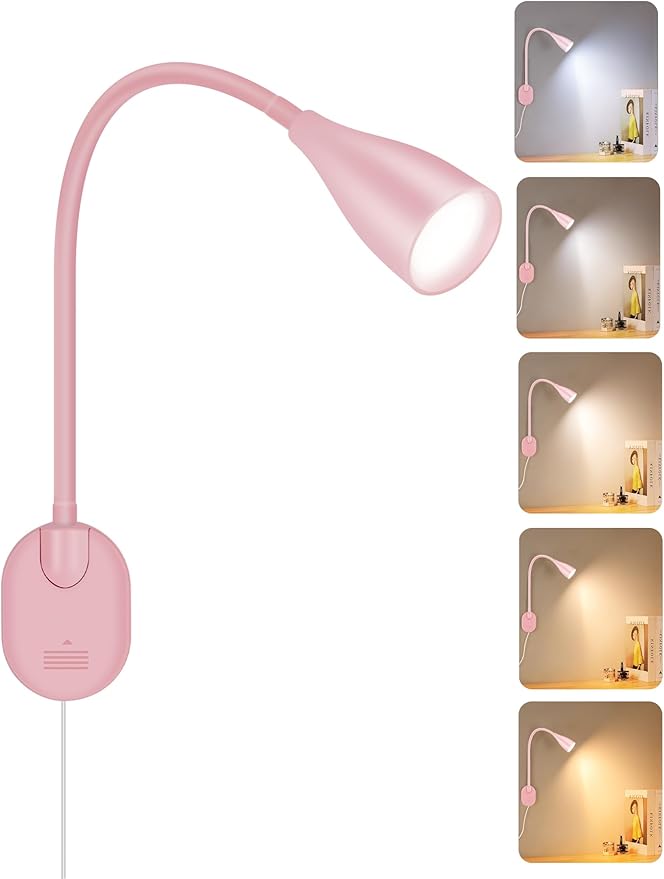 LED Wall Mounted Bedside Reading Light, 3 Color Modes,10 Brightness Dimmable, USB Charging Port, Adhesive Wall Lamp Night Light for Books in Bed, Flexible Neck Eye-Caring Bedroom Lighting Pink