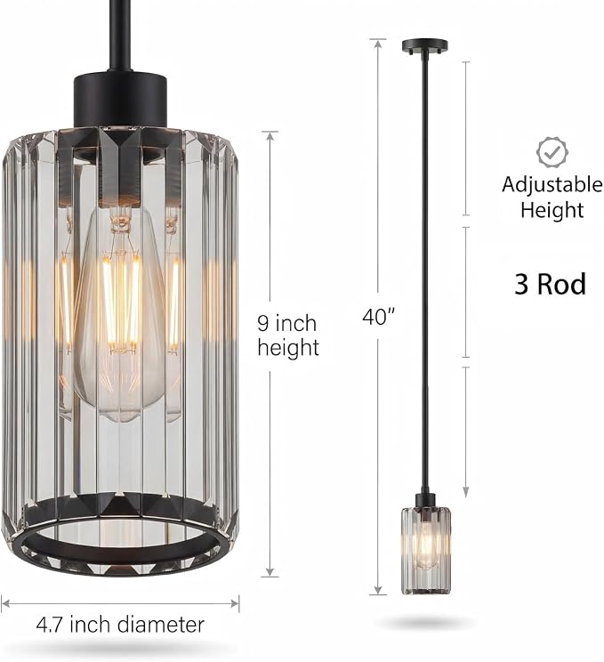 Modern Clear Fluted Glass Pendant Light 1 Pack - Thick Ribbed Glass with Soft Glow, Adjustable E26 Hanging Lamp for Kitchen Island & Dining Room