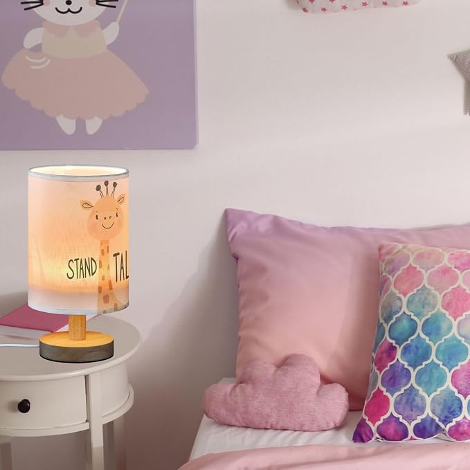 Cute Giraffe Cartoon Animal with Stand Tall Positive Bedside Table Lamps with USB Port for Bedroom LampSmall Nightstand Lamp Linen Shade Wooden Decorative Lamps for for Nursery Kids Reading Home