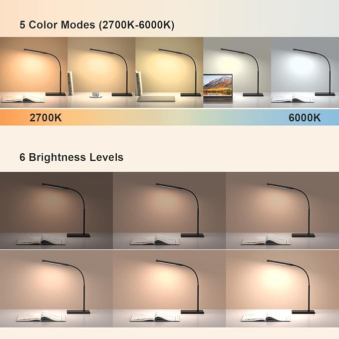 LED Desk Lamp for Office Home, Wireless Charger Desk Lamp | 12W Eye-Caring Desk Light, 600LM Reading Light for Desk, 5 Color Modes 6 Brightness Levels Lamp for Study, Workbench