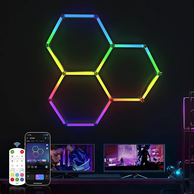 HYPERLITE Hexagon Garage Lights: Gen IV-3 Grid RGB Hexagon LED Lights with Music Sync Mode, App & Remote Control, Multi-Color Honeycomb Light for Gaming Room, Gym, Garage