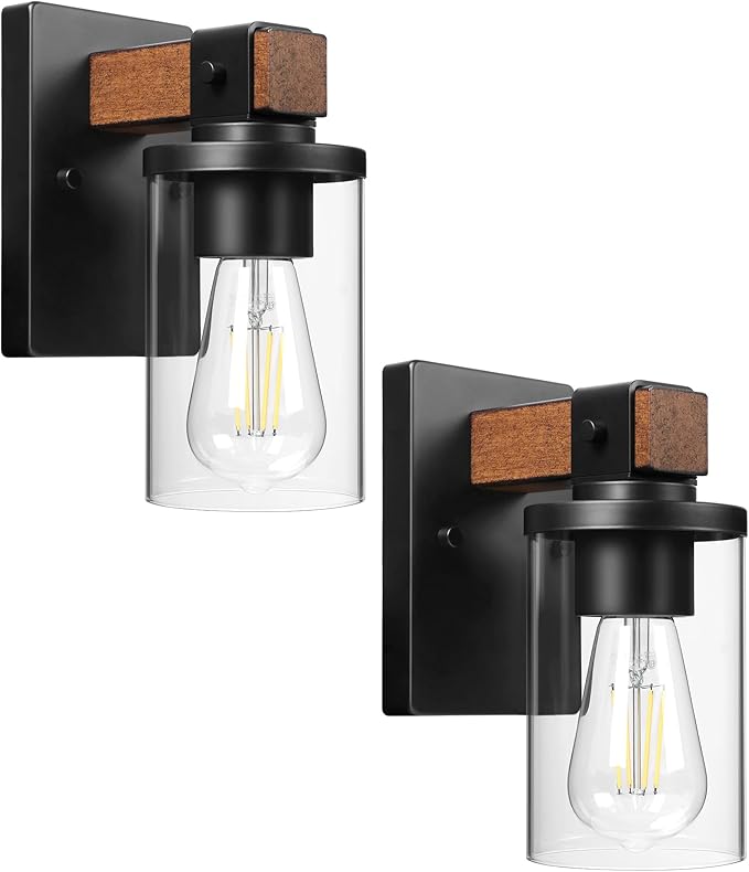 1-Light Wall Sconces Set of 2, Farmhouse Bathroom Vanity Light Fixtures, Wood Grain Black Wall Mount Light with Clear Glass Shade for Living Room Hallway Bedroom, ETL Listed