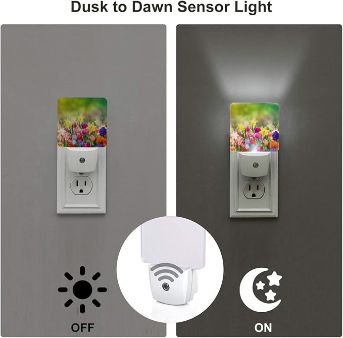 Spring Flowers Summer LED Plug-in Night Lamp 2 Piece Set, Auto Sensor Nightlights Set of 2 for Bedroom Bathroom