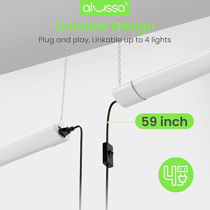 ALUSSO® LED Shop Lights 4FT for Garage, 4800LM Super Bright, Adjustable 2700K-6500K Color Temperature, 120V, Warm to Cool Daylight Linkable Shop Lights for Workshop/Basement, ETL Listed, 4 Pack