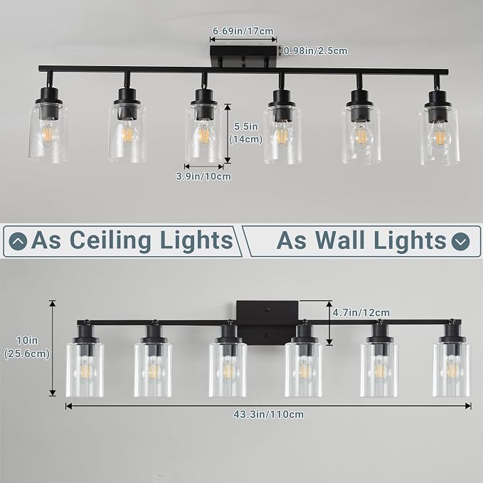LOUSACE 6 Light Kitchen Track Light Fixtures Ceiling Vanity Lights Black, Bathroom Track Lighting Kit w/Rotatable Heads & Clear Glass Shade, Modern Wall Ceiling Tracking Light for Accent Shop Hallway