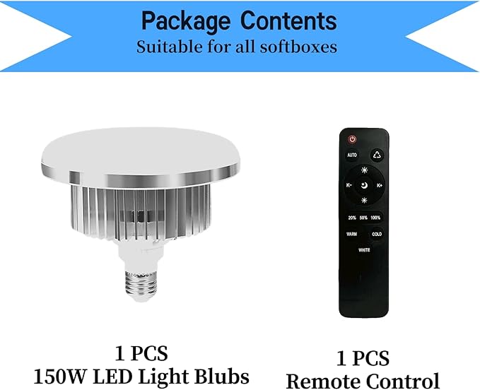 1 Pack 150W LED Soft Box Light, 2700-6500K Dimmable Color Temperatur Photography Light Bulb, E27 Lights Photography Photo Video Studio Lighting with Remote Control