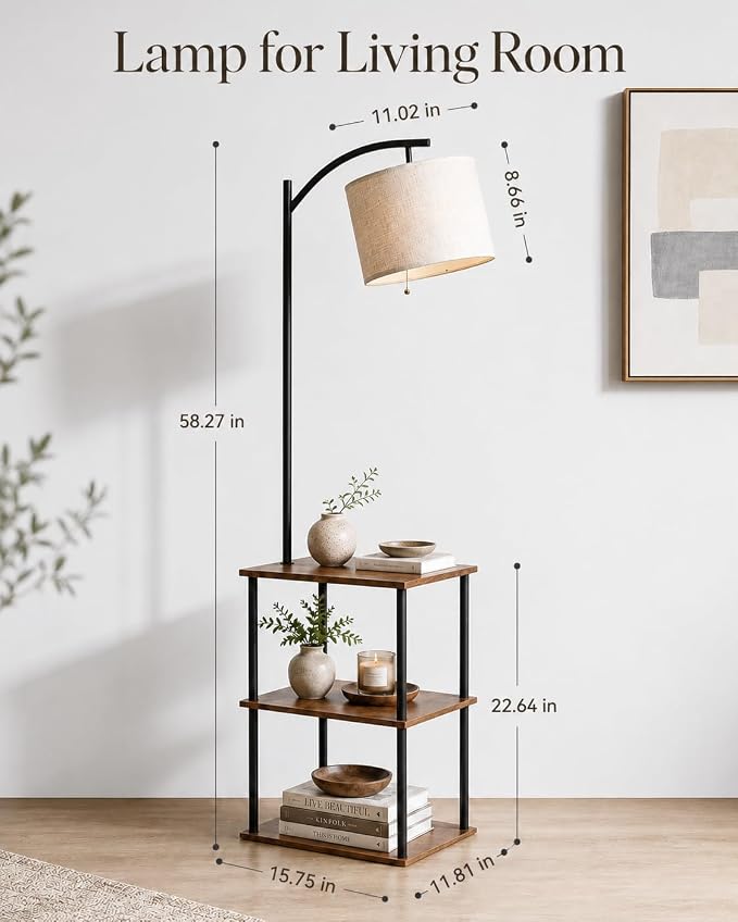 GERGO Floor Lamp with Table, Side Table for Living Room, 3 CCT 9W LED Bulb | Adjustable Linen Shade & Pull Chain, Modern Coffee End Table, Night Stand with Storage Shelves for Bedroom, Office Home Décor