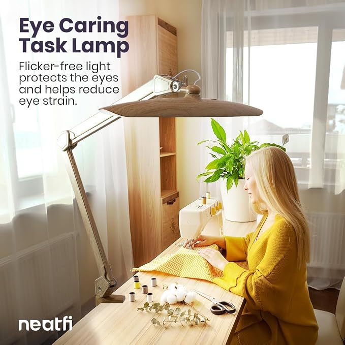 Neatfi XL 2200 Lumens 24W LED Desk Lamp – Shadow-Free Task Lighting | 4-Level Dimming | Home Office & Crafts Use | 20-Inch Wide Head (Brown Wood, Non-CCT with Clamp)