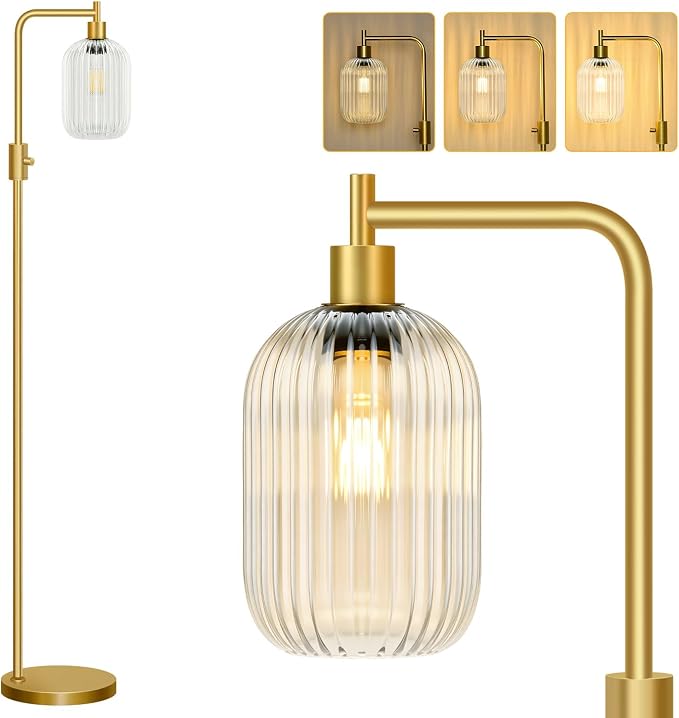 【Upgraded】 Dimmable Floor Lamp for Living Room with Clear Ribbed Glass Lampshade, Gold Modern Floor Lamp with 900LM LED Bulb Included, Arc Standing Tall Lamp for Bedroom, Office, Reading Room, Corner