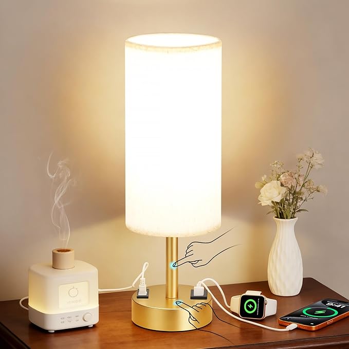 MOICO Bedside Table Lamp for Bedroom, 3-Way Dimmable Nightstand Lamp with USB C, USB A Ports & AC Outlet, Small Table Lamp Fabric Shade for Living Room Dorm Office, LED Bulb Included (14in Gold)
