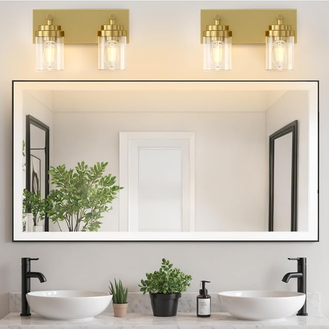IZORRO Bathroom Vanity Light Fixture, 2-Light 15 Inch Gold Bathroom Light Fixtures Over Mirror, with Clear Glass Shade, Modern Farmhouse Vanity Lights, Rustic Restroom Lighting Fixtures