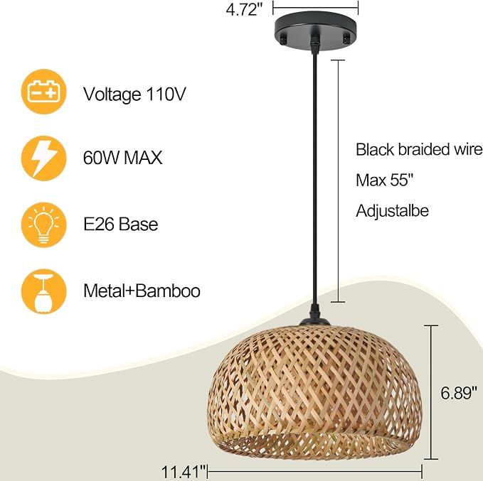 Bamboo Pendant Light,Set of 2 Boho Round Basket Chandelier Handmade Woven Pendant Light, Natural Bamboo Rattan Hanging Chandelier for Kitchen Island Dining Room Living Room Porch