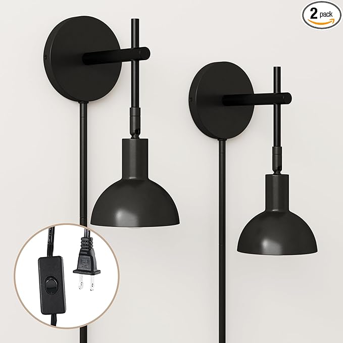 Nathan James Tamlin Wall Light Fixture, Wall Mounted 1-Light Lamp, Plugin Sconce with On/Off Switch for Living Room, Reading Nook or Bedroom, Matte Black, Set of 2