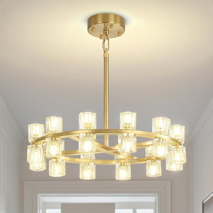 D24 Gold Wagon Wheel Chandeliers Modern 24-Lights Round Chandelier Small Chandeliers for Dining Room,Living Room Vintage Chandelier for Foyer Hallway
