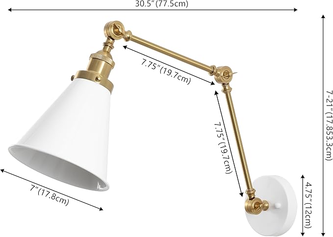 JONATHAN Y 7" White/Brass Gold Classic Industrial Metal Adjustable Arm LED Wall Sconce for Bedside Reading, Farmhouse Swing Arm Wall Lamp with Metal Shade, Hardwired (JYL7462B)