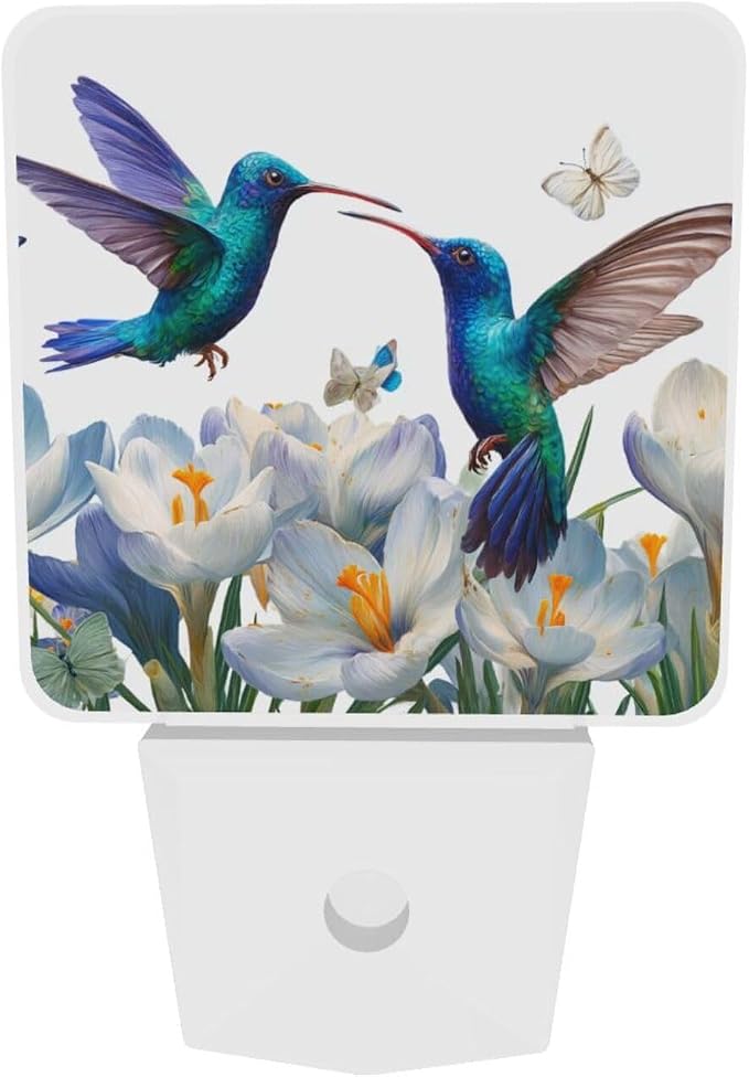 Blue Hummingbirds Night Light Set of 2, White Flowers Auto Sensor LED Dusk-to-Dawn Nightlights, Plug-in Sensor Lamp for Bedroom Bathroom Kitchen Hallway Stairs Decorative