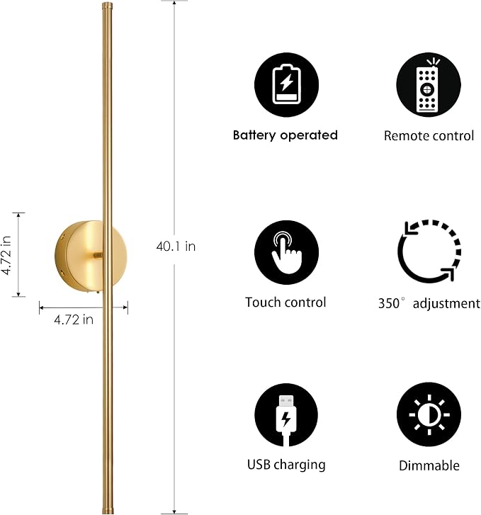 KARTOOSH Battery Operated Wall Sconces Set of Two Wireless Wall Lights | Rechargeable Wall Sconce with Remote 350°Rotate Dimmable 3000K LED Wall Lamp for Living Room, Bedroom