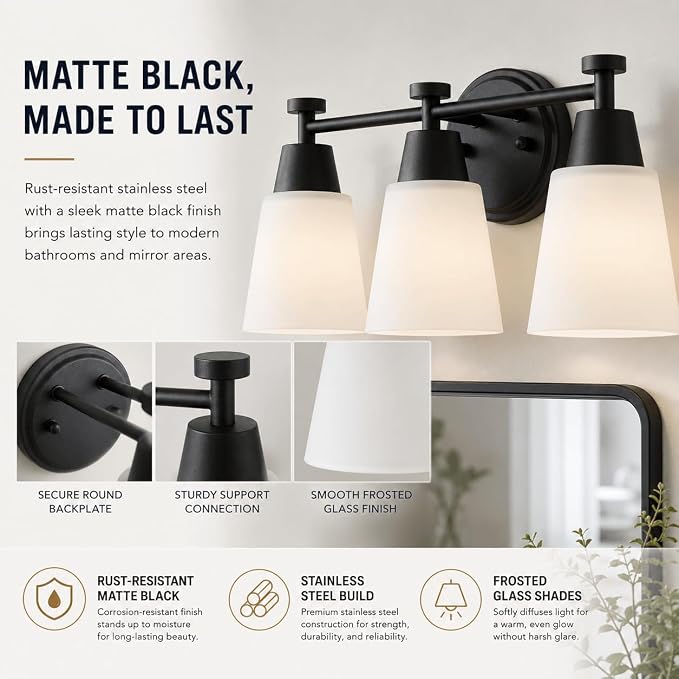 3 Light Bathroom Vanity Light, Modern Matte Black Stainless Steel Over Mirror Vanity Light Fixture with Frosted Glass, Wall Sconces Lighting for Bedroom Living Room