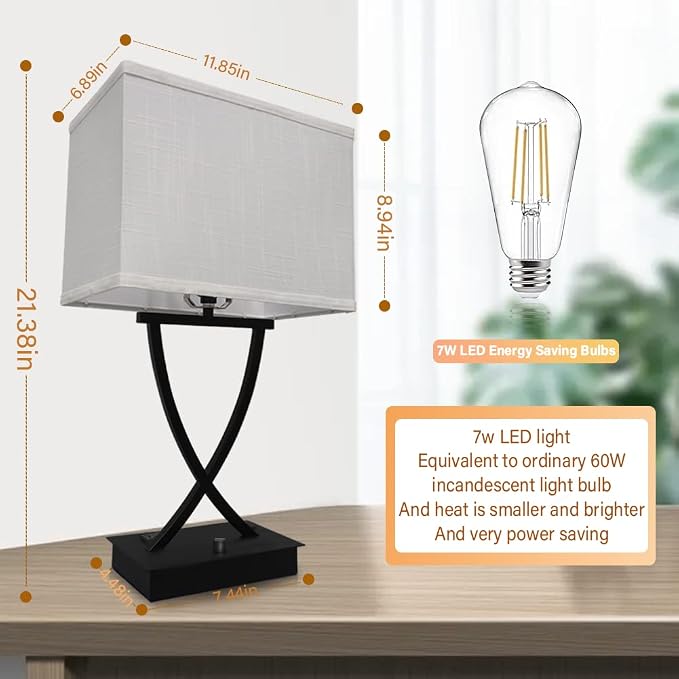 OYedis Fully Dimmable Medium Table Lamp for Bedroom with Type C/USB Charging Port and 1 AC Outlet White Shade 21.38" Bedside Nightstand Lamp for Living Room Office and Hotel Bulb Included