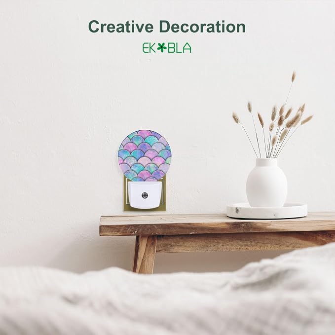 EKOBLA Mermaid Scales Night Light, Pink and Blue Ocean Theme Night Lights Plug Into Wall with Auto On/Off Sensor for Kids Bedroom and Bathroom Decor