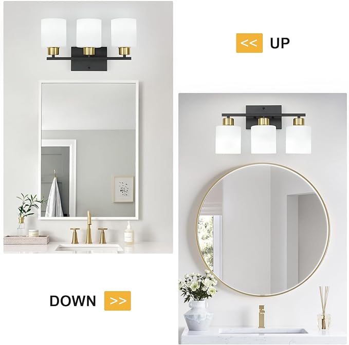 WILON Bathroom Light Fixtures Over Mirror, 3 Light Black and Gold Vanity Light, Wall Sconces with White Milky Glass Lamp Shades,E26 Bathroom Vanity Light (Bulbs Not Included)