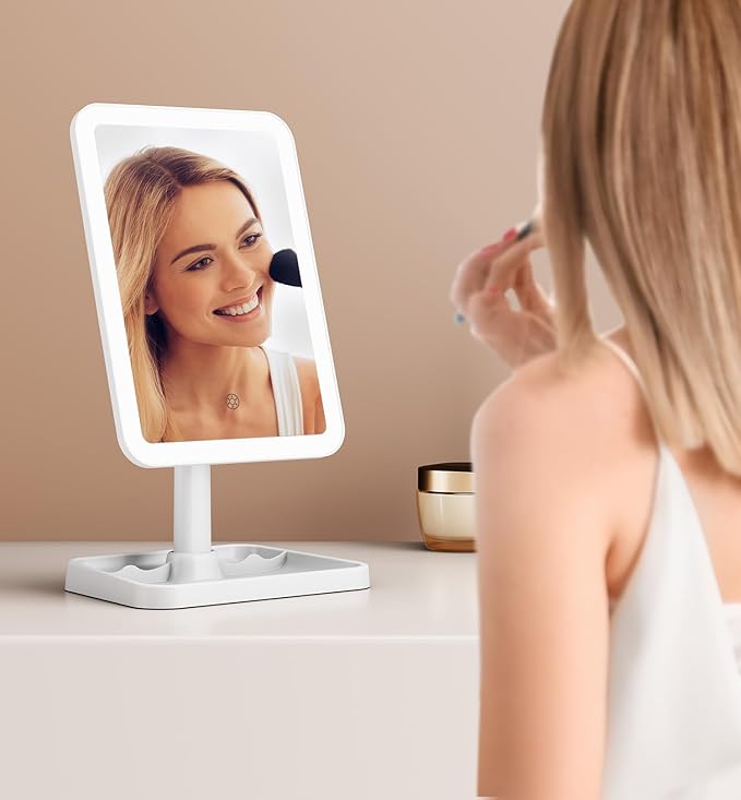 Lighted Makeup Mirror, Rechargeable Makeup Mirror with Lights, Vanity Mirror for Desk 360° Rotation, 3 Color LED Lights Detachable Light Up Mirror for Makeup Room Decor for Girls, Brithday's Day Gifts