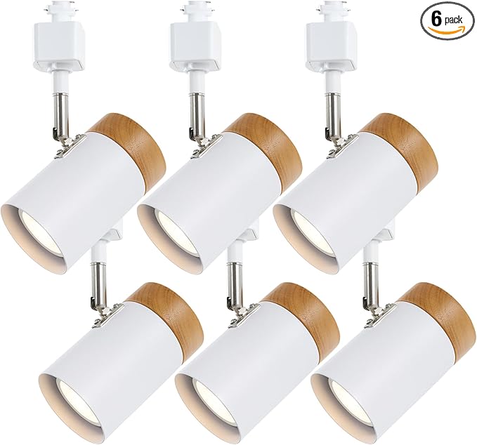 H Type 6 Track Lighting Heads, Natural Solid Wood and Matte White Lampshade Spotlights, Brushed Nickel Swivel Item Kit