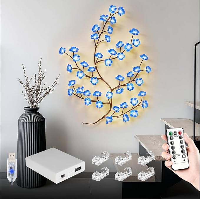 4FT 48LED Blue Cherry Blossom Tree Branch Lights for Wall, USB Battery Box | USB Blue Cherry Enchanted Willow Vine Lights with Remote Timer,8 Light Model, Indoor Bedroom Wall Doors Wedding, Christmas