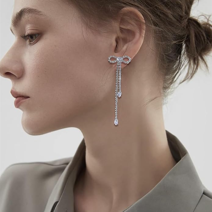 Luxval Rhinestone Earrings Dangling for Women Sparkly Silver Dangle Earrings Girls Long Chandelier Earrings Tassel Lightweight Ear Studs Cubic Zirconia Crystal Statement