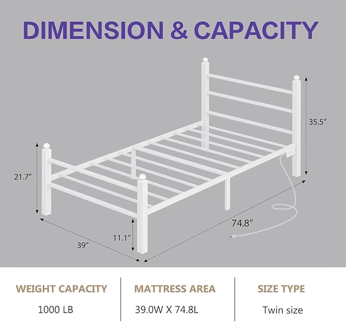 CollaredEagle Twin Bed Frame with LED Lights and Charging Station, White | Twin Size/ Metal Frame/ Built-in Charging Station/ RGB LED Lights/ Noise-Free/ 10.8 inch Under-Bed Storage