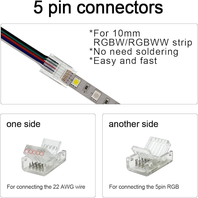 HAMRVL 10mm Cob Strip Light Connectors (5 Pin, 12 Pack) - Transparent Track Lighting Kit Adapter for White Led Tape 12/24V with 6M/19.68ft Led Wire Extension
