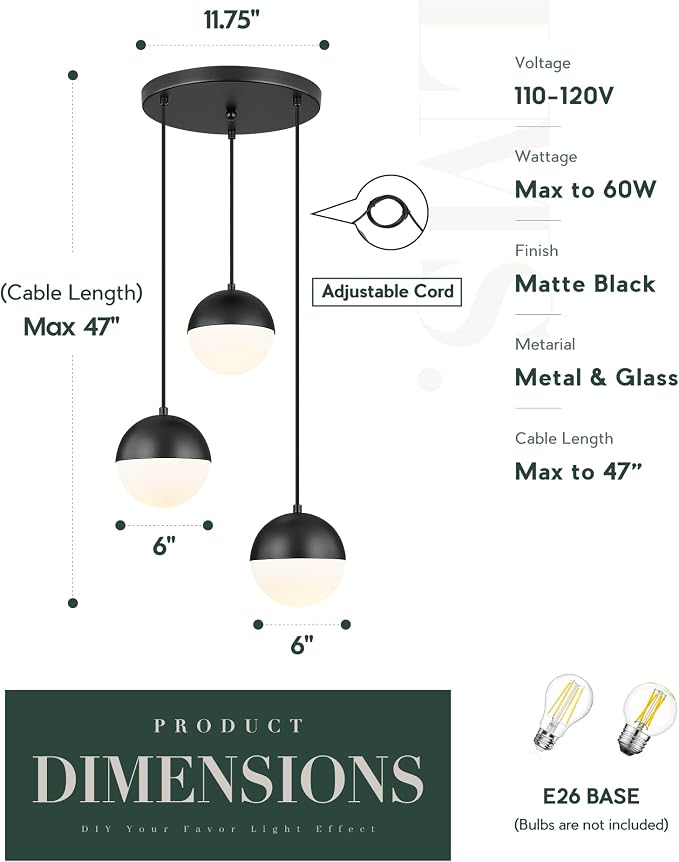 Mid Century 3-Light Cluster Pendant Lights, Matte Black Kitchen Island Light Fixtures with White Globe Glass Shade, Adjustable Hanging Light for Home Office Bathroom Dining Room, LMS-186BK3