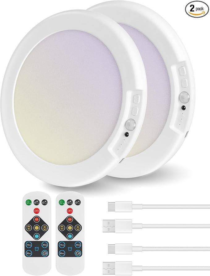 2 Pack Rechargeable Motion Sensor Ceiling Lights with Remote, Wireless Ceiling Light Battery Operated, Magnetic, 3CCT, Dimmable Shower Light, Motion Activated Light for Closet Bathroom Stairs Pantry