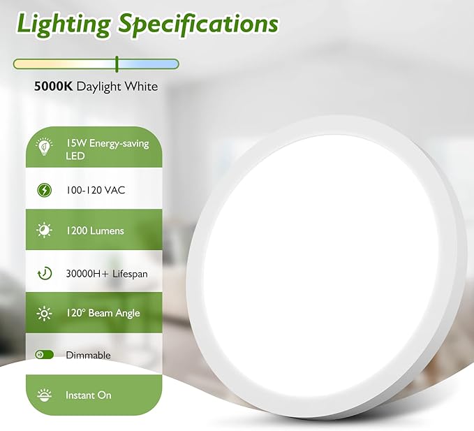 LED Flush Mount Ceiling Light Fixture, 100W Equivalent Modern Kitchen Recessed Ceiling Lamp 5000K Daylight White 15W 1200Lm 7 Inch Closet Round Surface Mount for Bathroom Laundry Bedroom Hallway