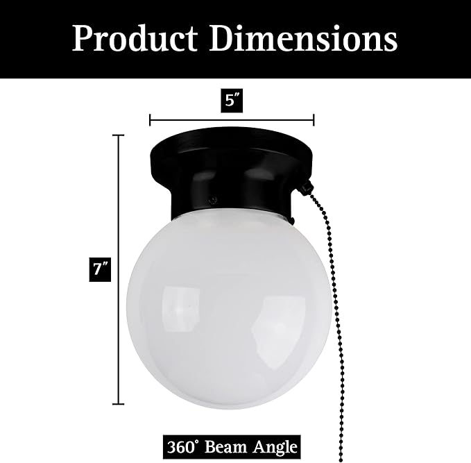 Ultralux 6" Utility LED Glass Flush Mount with Pull Chain - Globe Light Fixture - 500 Lumens 3000K Light Fixture for Closet, Pantry, Shed, Laundry Room - ETL-Certified (Matte Black, 1-Pack)