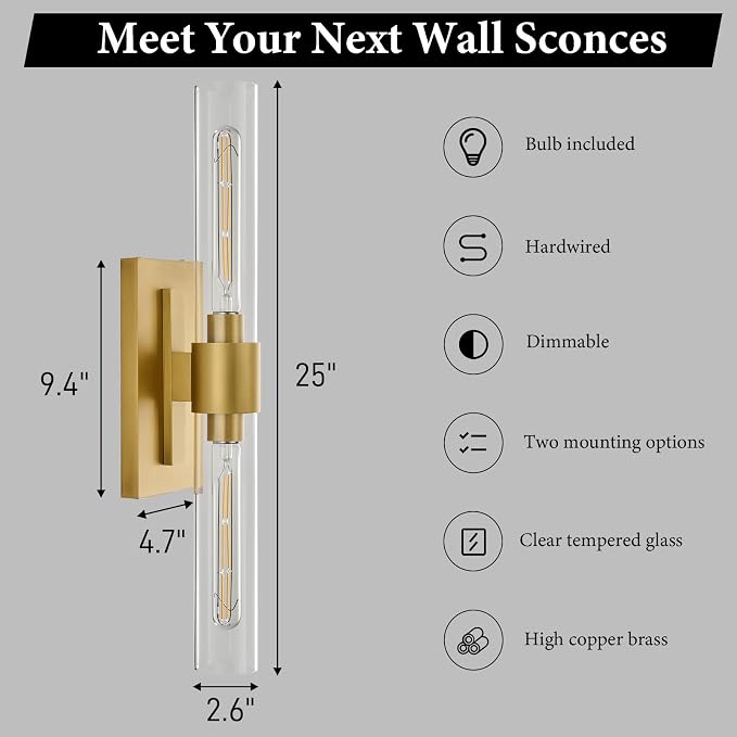 Champagne Brass Bathroom Wall Sconce: Modern Gold Indoor Dimmable Lighting | Clear Glass Tube Light Fixtures, Vertical or Horizontal Mounted Vanity Sconces for Living Room Bedroom Hallway