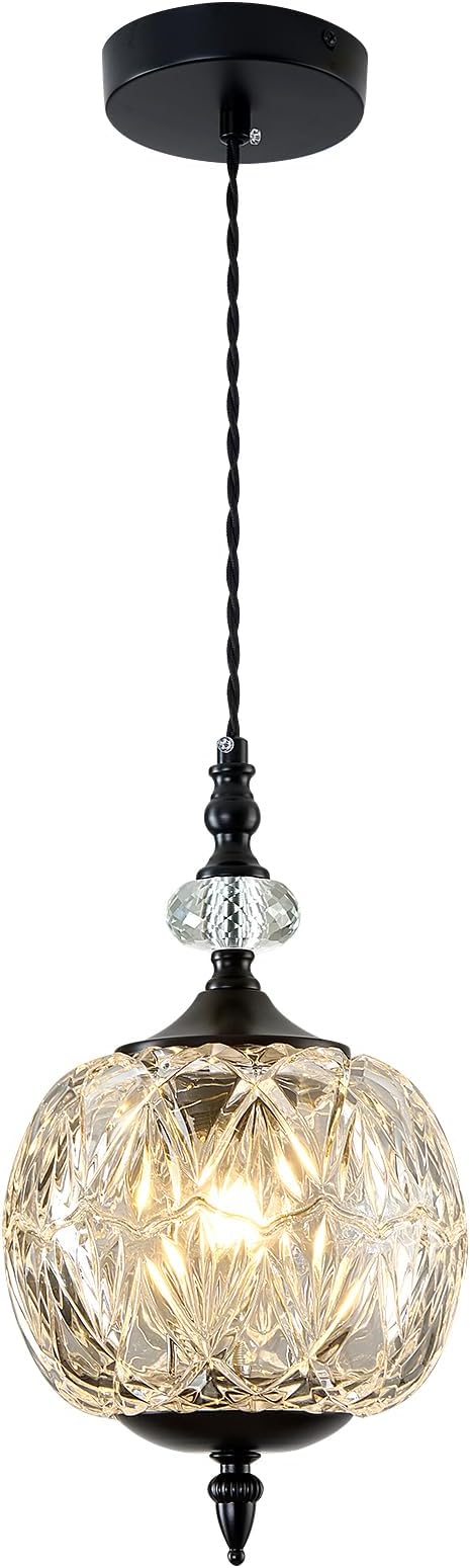 Piepooye Vintage Glass Pendant Light Farmhouse Black Chandelier E26 Mini Adjustable Hanging Ceiling Light Fixture for Kitchen Island Dining Room Bedroom Foyer Entryway