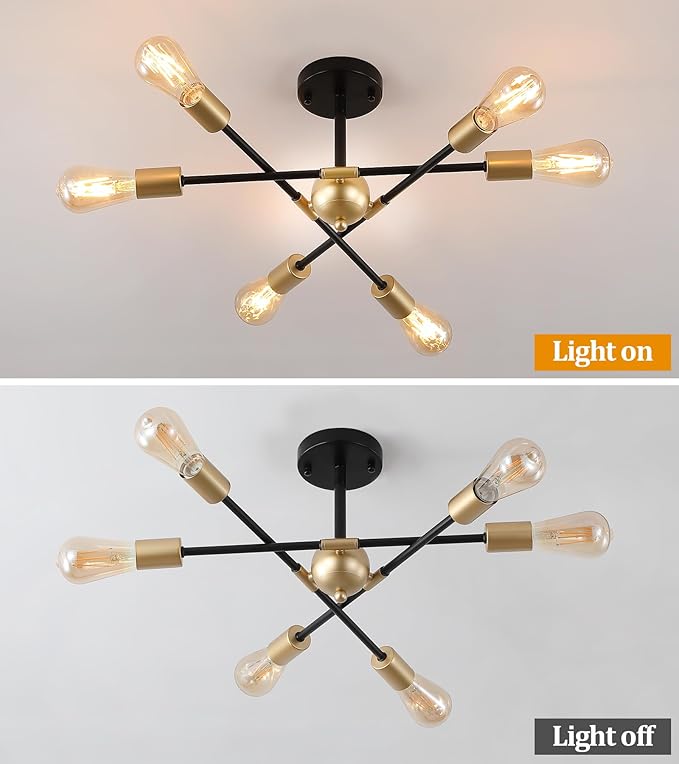 Modern Semi Flush Mount Ceiling Light Fixture Black and Gold Close to Ceiling Light 6-Light Sputnik Chandelier Light Fixture for Hallway Entryway Bedroom Kitchen Dining Room UL Listed