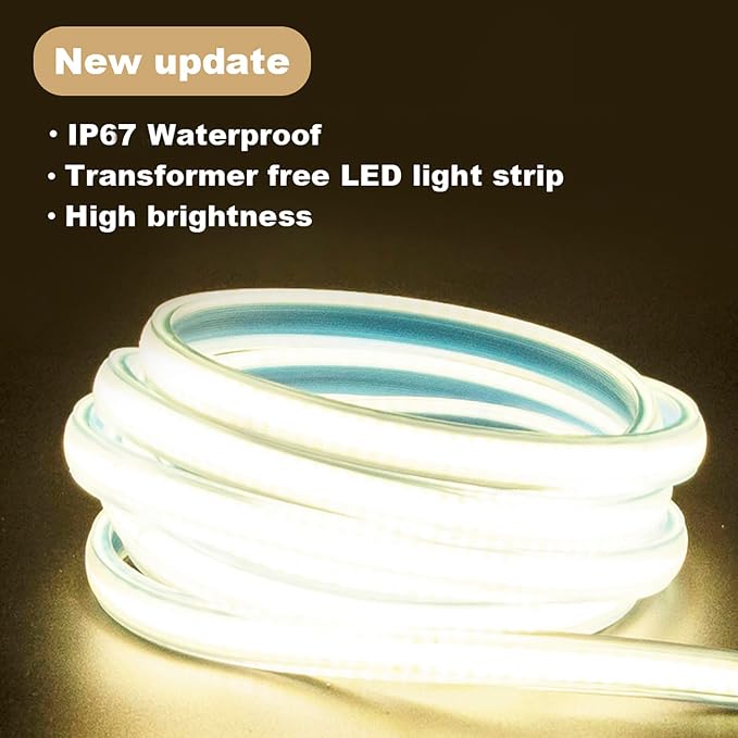 3 Meter AC 110V LED Strip Lights Waterproof 9.84 Foot | 240LEDs Cuttable LED Rope Light Flexible COB LED Strip Warm White 3000K Bright Lighting for Bedroom Kitchen Bathroom House
