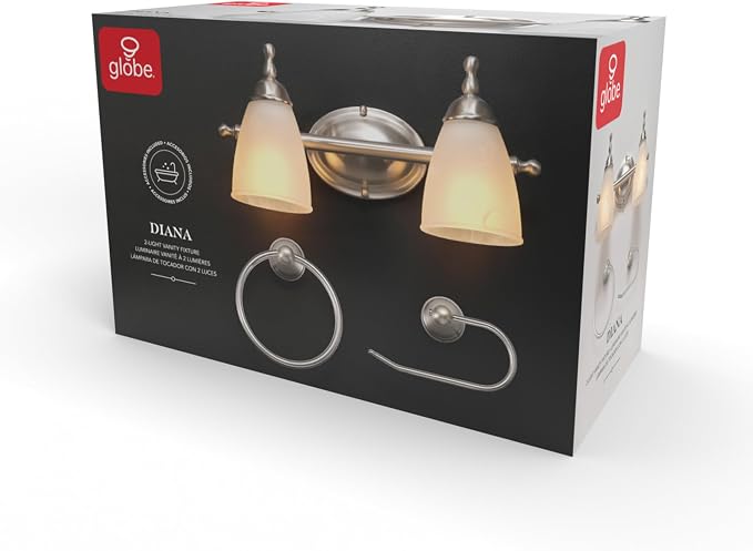 Globe Electric 63000104 3-Piece Bath Accessories, Satin Nickel Finish, 15" 2-Light Vanity Light, Alabaster Glass Shades, Toilet Paper Holder, Towel Ring, Bathroom Décor, Home Essentials