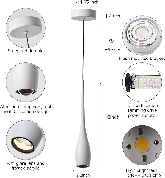 White Pendant Light for Kitchen Island, LED Dimmable Pendant Light fixtures, Small Modern Industrial Hanging Pendant Light for Over Sink, Bar, Dining Room, Bedside